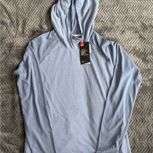 Under Armour Woman’s Run Heatgear Blue Striped Performance Hoodie; size Large